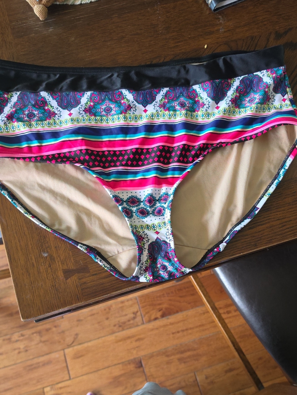 Cacique Multicolor Paisley & Stripe Bikini Bottoms - Black, Pink, Teal